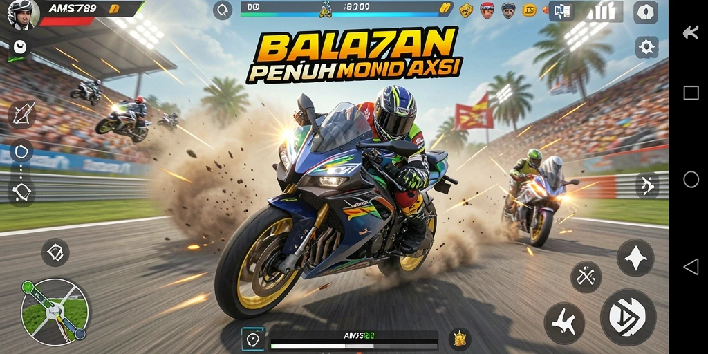 Screenshot gameplay AMS789 menampilkan balapan motor yang mendebarkan.