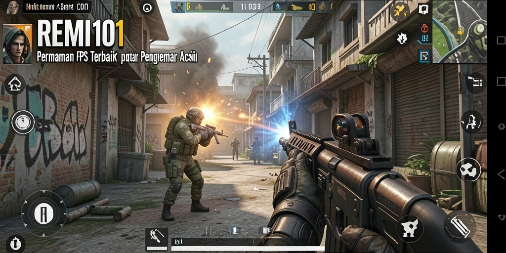 Tampilan aksi mendebarkan dalam gameplay FPS REMI101.